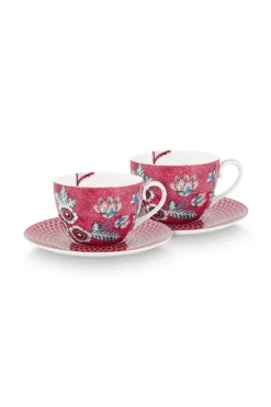 Flower Festival Set/2 Cappuccino Kop & Schotel Donkerroze