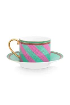 Pip Chique Stripes Cappuccino Kop & Schotel Roze/Groen